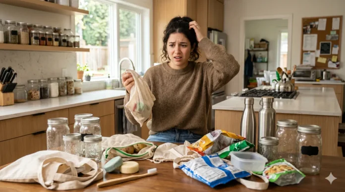 7 Common Zero Waste Mistakes Beginners Make Beginner overwhelmed by zero waste products and household waste in a modern kitchen