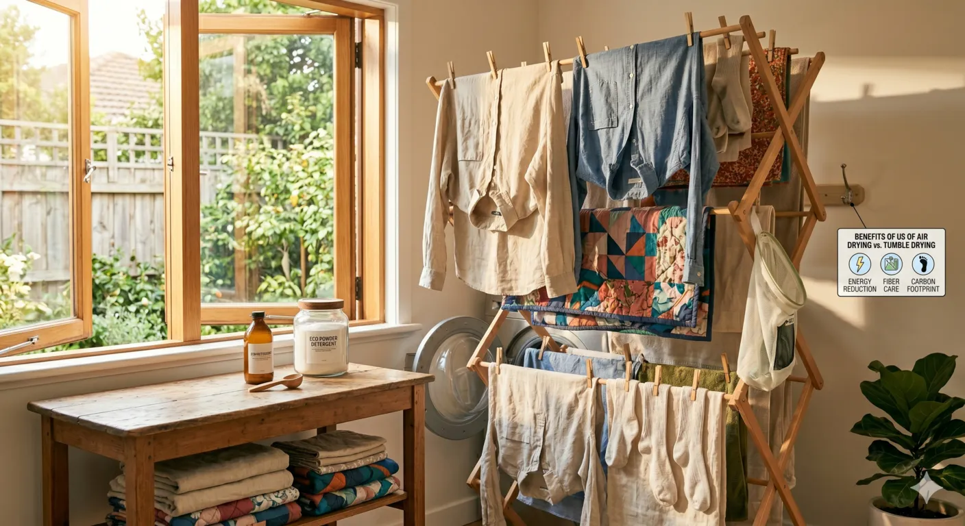 Freshly washed clothes air-drying on indoor drying rack in sustainable eco-friendly home