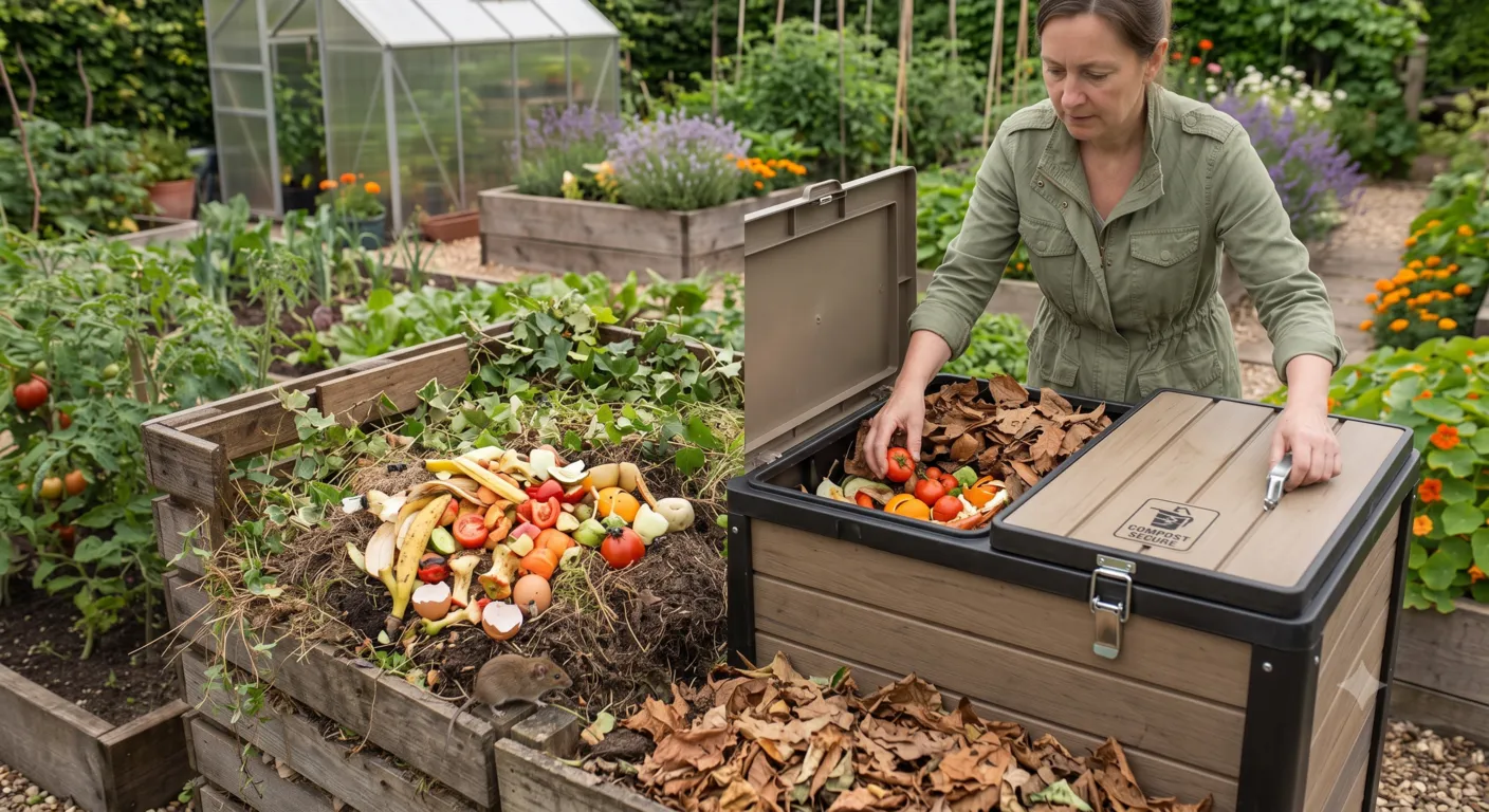 Proper compost management to prevent pests in a backyard compost bin.