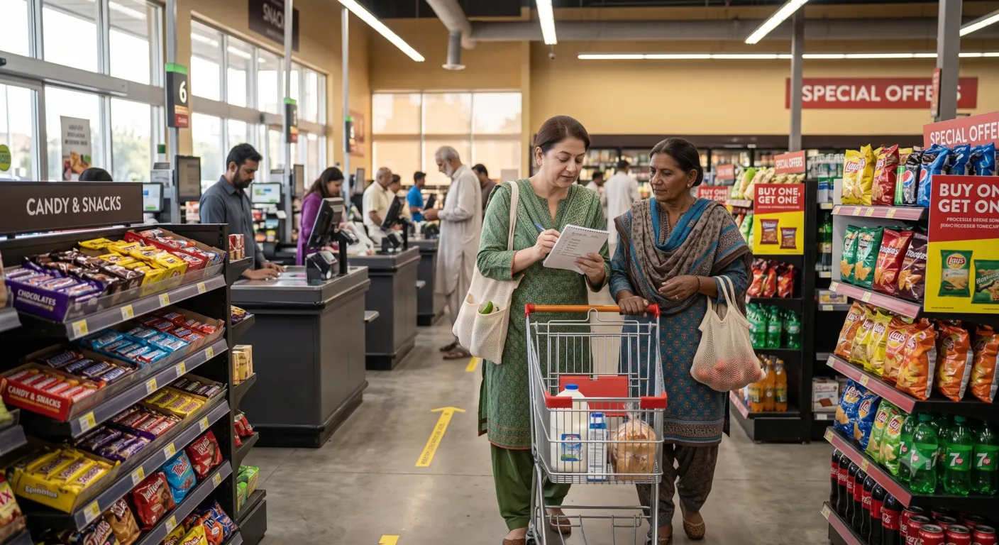 Shopper following a grocery list and avoiding impulse purchases