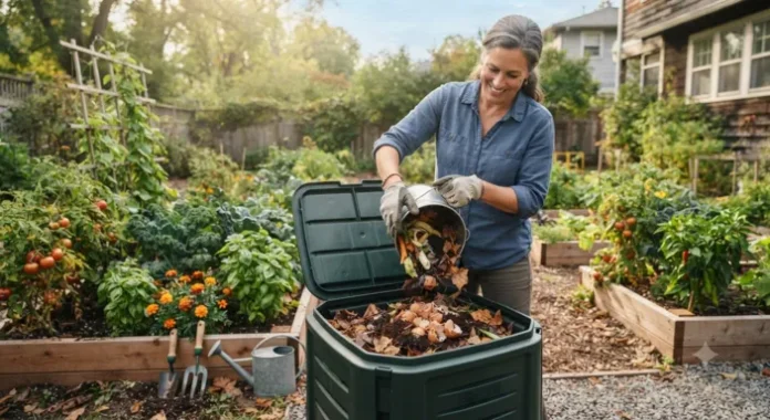 Backyard Composting Guide for Beginners Turn Scraps into Rich Garden Soil Beginner adding kitchen scraps and dry leaves to a backyard compost bin to create nutrient-rich compost for a healthy garden.