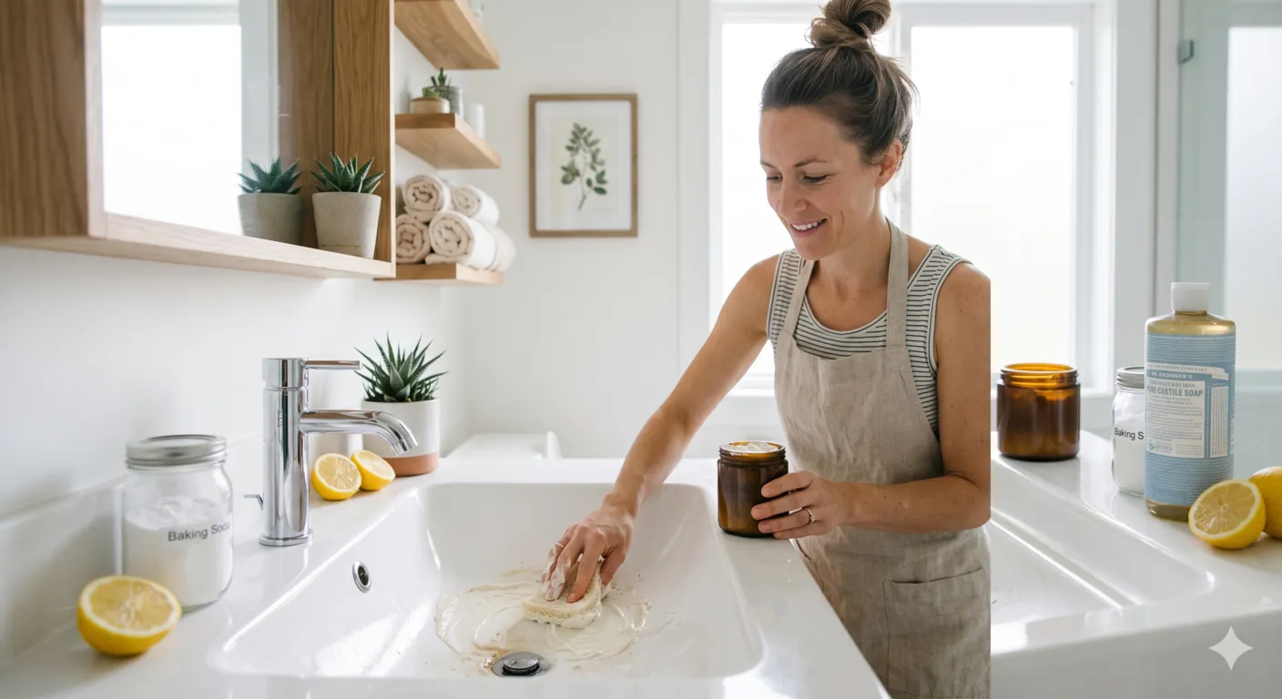DIY bathroom cleaner made with baking soda and castile soap for eco-friendly bathroom cleaning