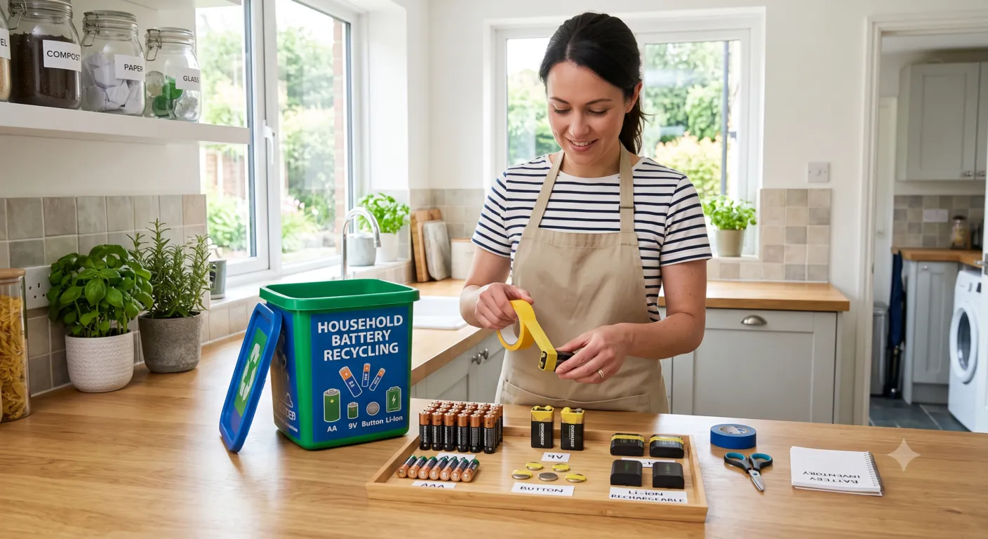Household batteries including AA, AAA, lithium-ion, button cell, and 9V batteries prepared for safe recycling at a battery collection point.