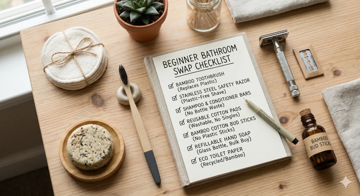 Eco-friendly bathroom items arranged with checklist notebook showing beginner zero waste bathroom swap planning