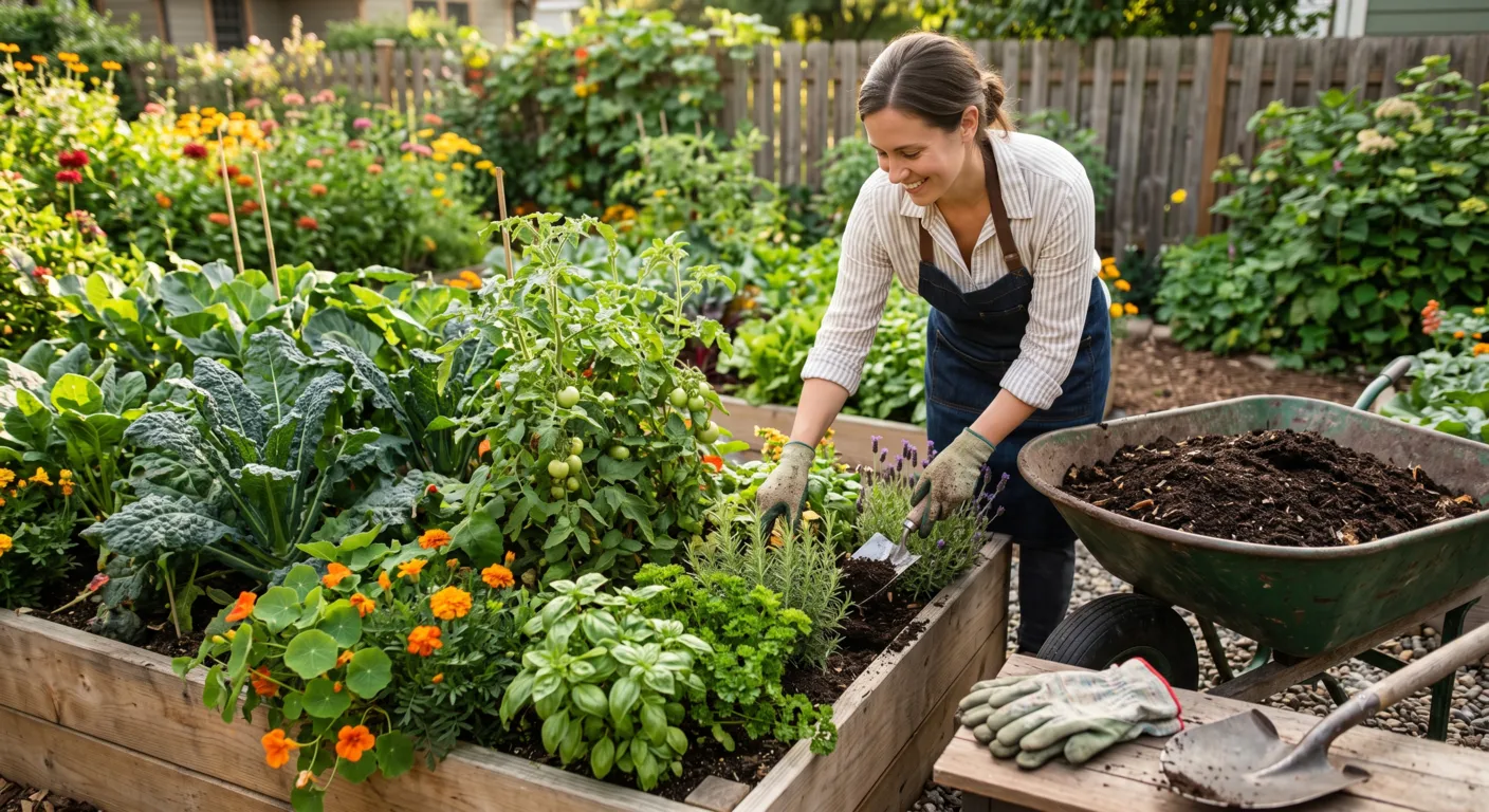 Rich homemade compost improving vegetable garden soil and promoting healthy plant growth naturally