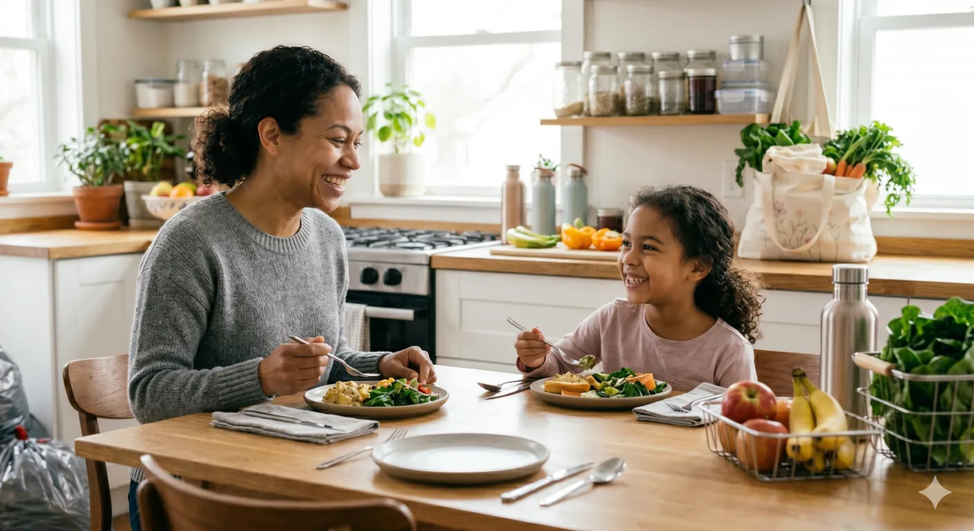 Organized kitchen with reusable containers and healthy homemade food showing the benefits of zero waste living.