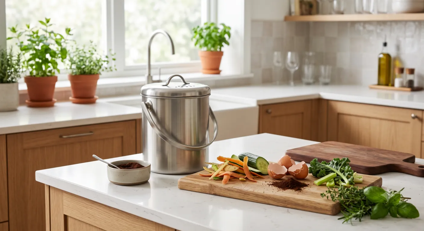 Stainless steel countertop compost bin collecting vegetable scraps in a modern kitchen