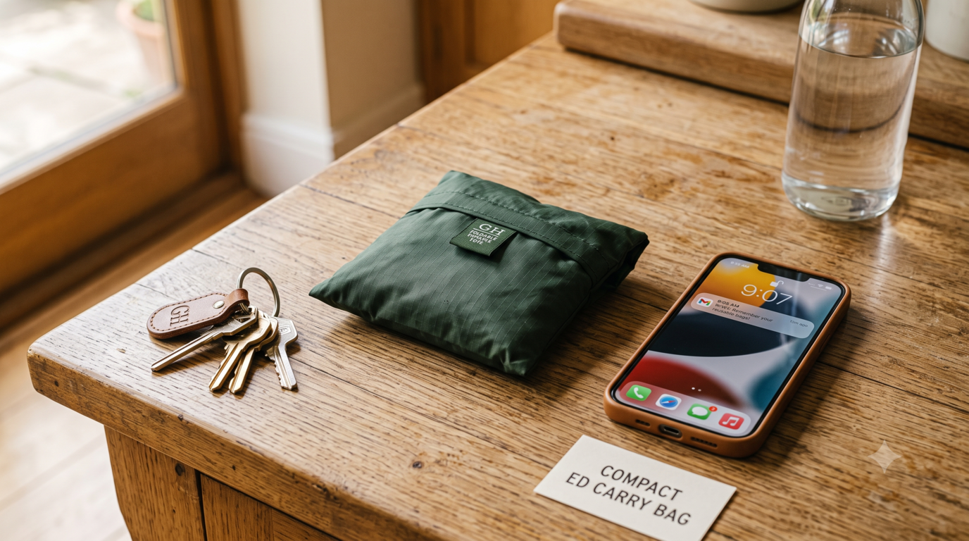 Compact foldable reusable grocery bag stored in a small travel pouch