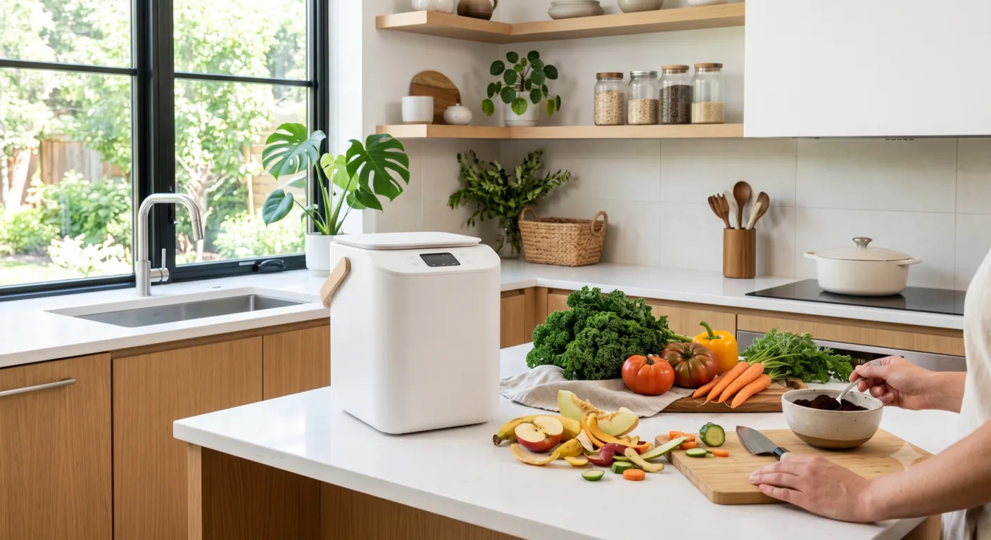 Modern indoor electric compost bin processing kitchen food waste in a clean eco-friendly kitchen