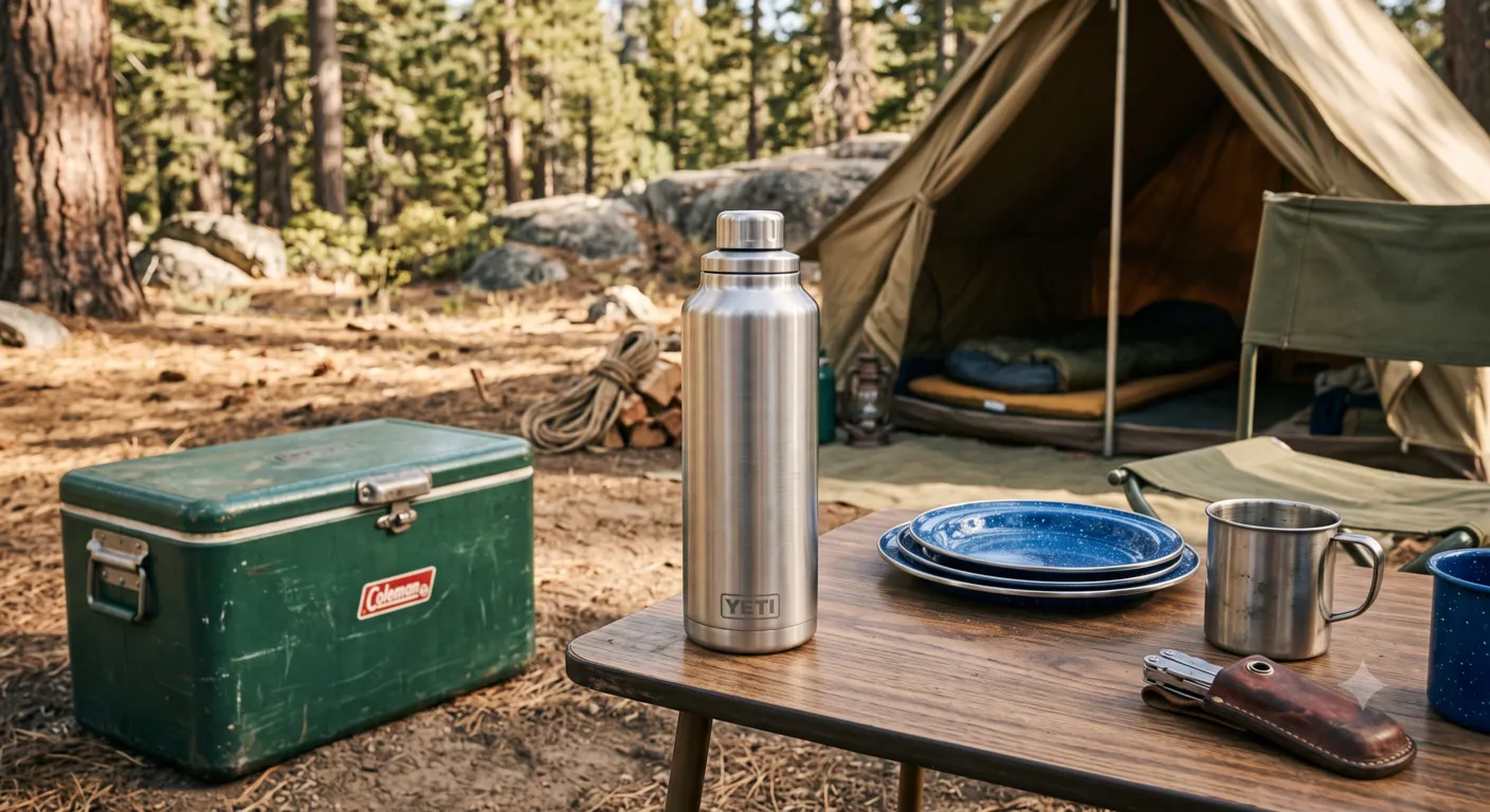 YETI Rambler insulated reusable water bottle at an outdoor campsite