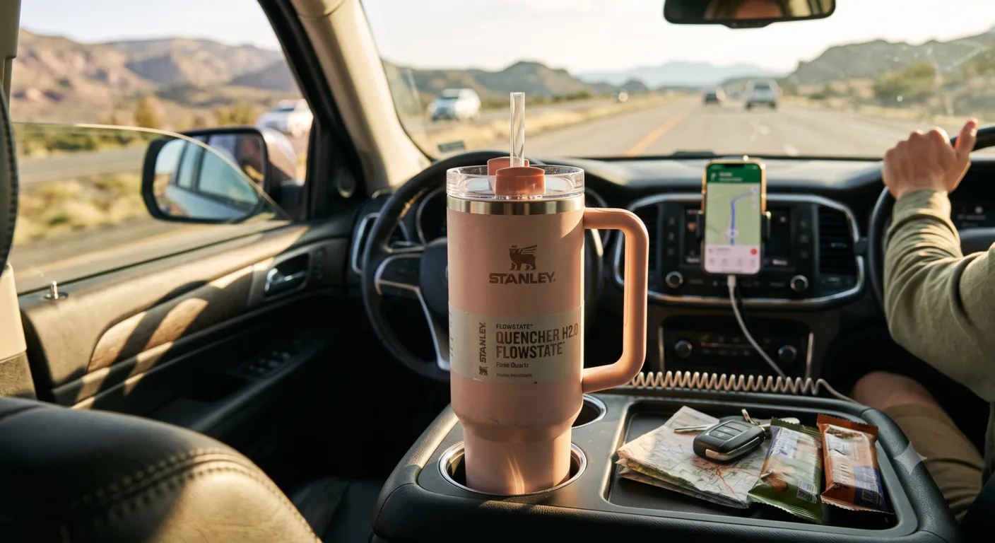 Stanley Quencher H2.0 reusable water bottle in a car cup holder