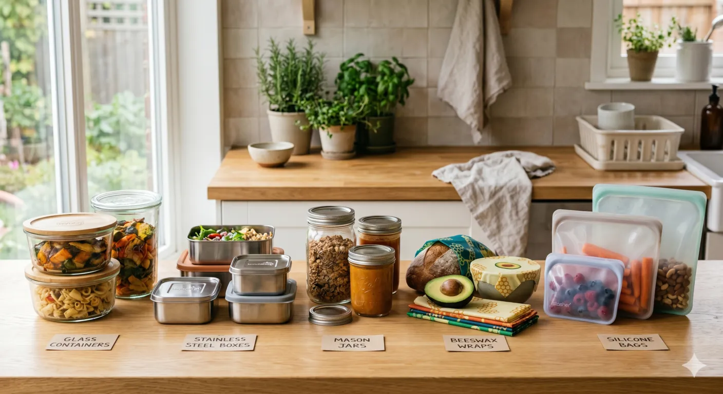 Glass jars, steel containers, beeswax wraps, and silicone storage bags