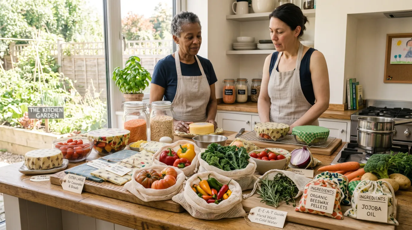 Organic beeswax wraps with fresh produce in a sustainable kitchen