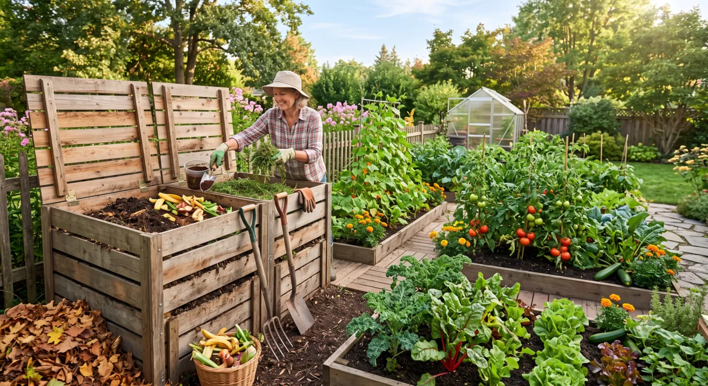 Large outdoor compost bin beside a vegetable garden filled with compostable kitchen and garden waste