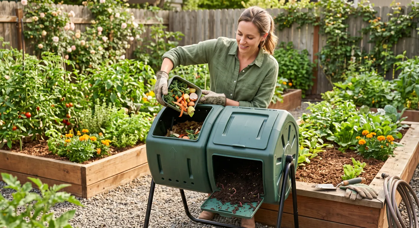 Dual-chamber tumbling compost bin converting kitchen scraps into compost in a backyard garden