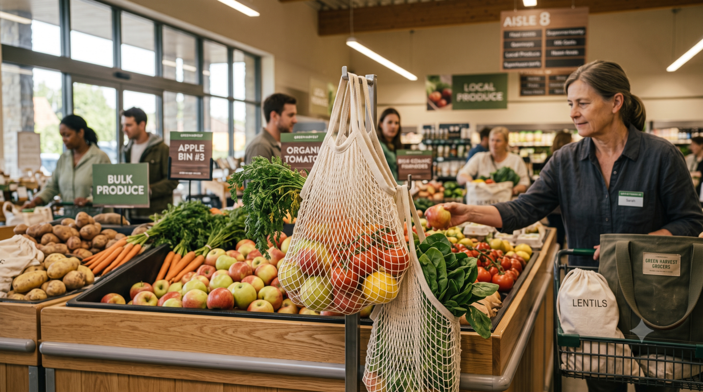 Reusable mesh produce bags filled with fresh fruits and vegetables