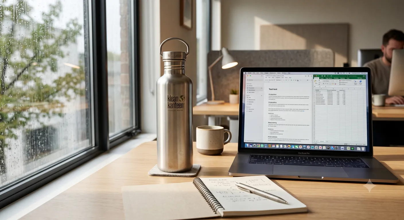 Klean Kanteen Classic stainless steel reusable water bottle on an office desk