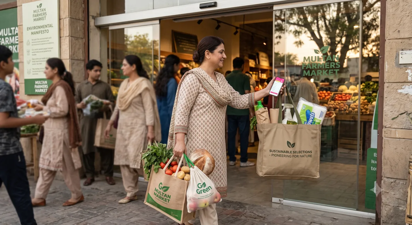 Shopper carrying reusable grocery bags instead of single-use plastic bags