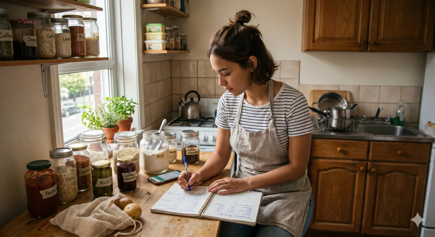 Frugal zero waste living at home with reused containers, budgeting notes, and simple sustainable kitchen setup