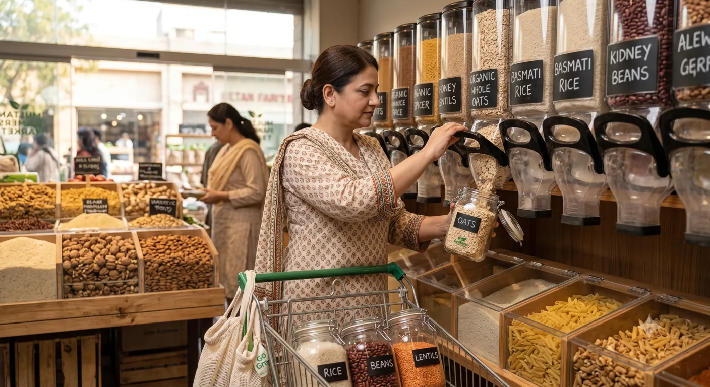 Customer buying bulk foods using reusable jars and cloth bags
