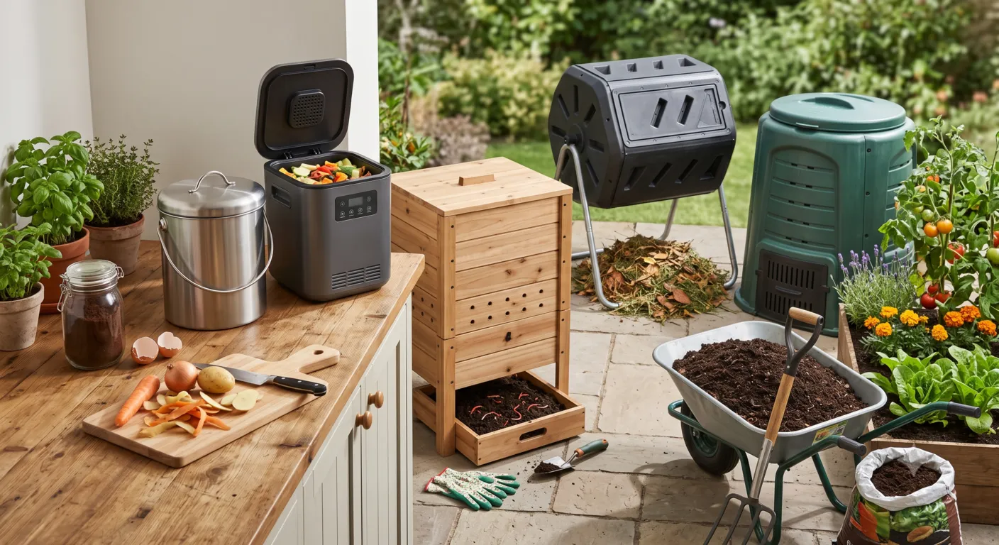 Comparison of indoor, outdoor, tumbler, countertop, and worm compost bins for choosing the best composting system
