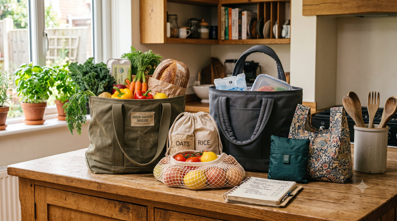 Reusable grocery bag buying guide showing different styles and materials