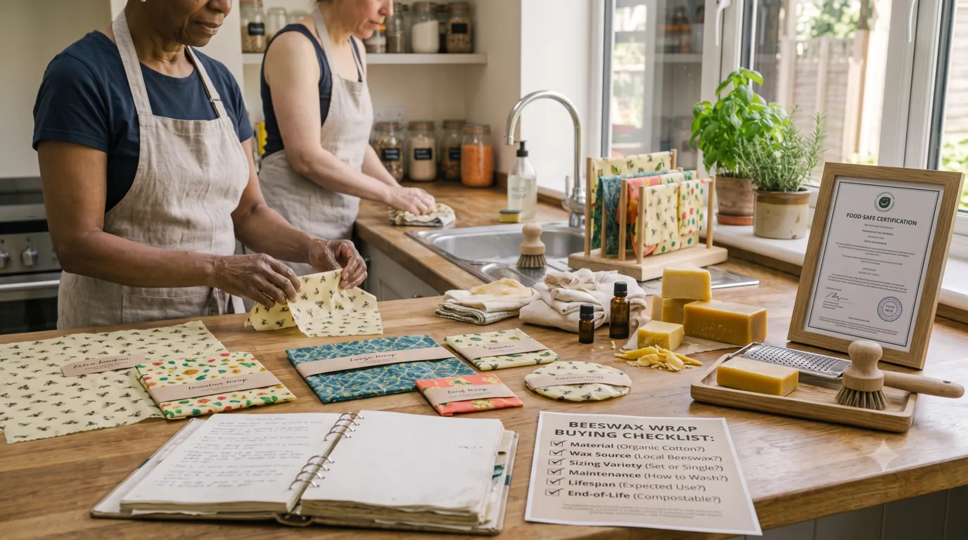 Reusable beeswax wrap buying guide showing different sizes and materials