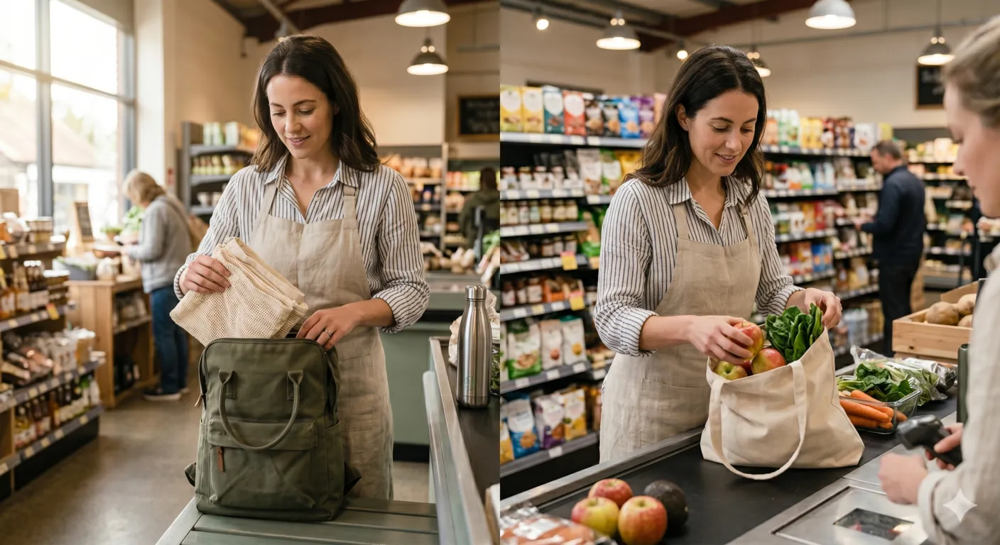 Shopper using folded reusable cloth bags at grocery store checkout, reducing plastic waste during everyday shopping routine.