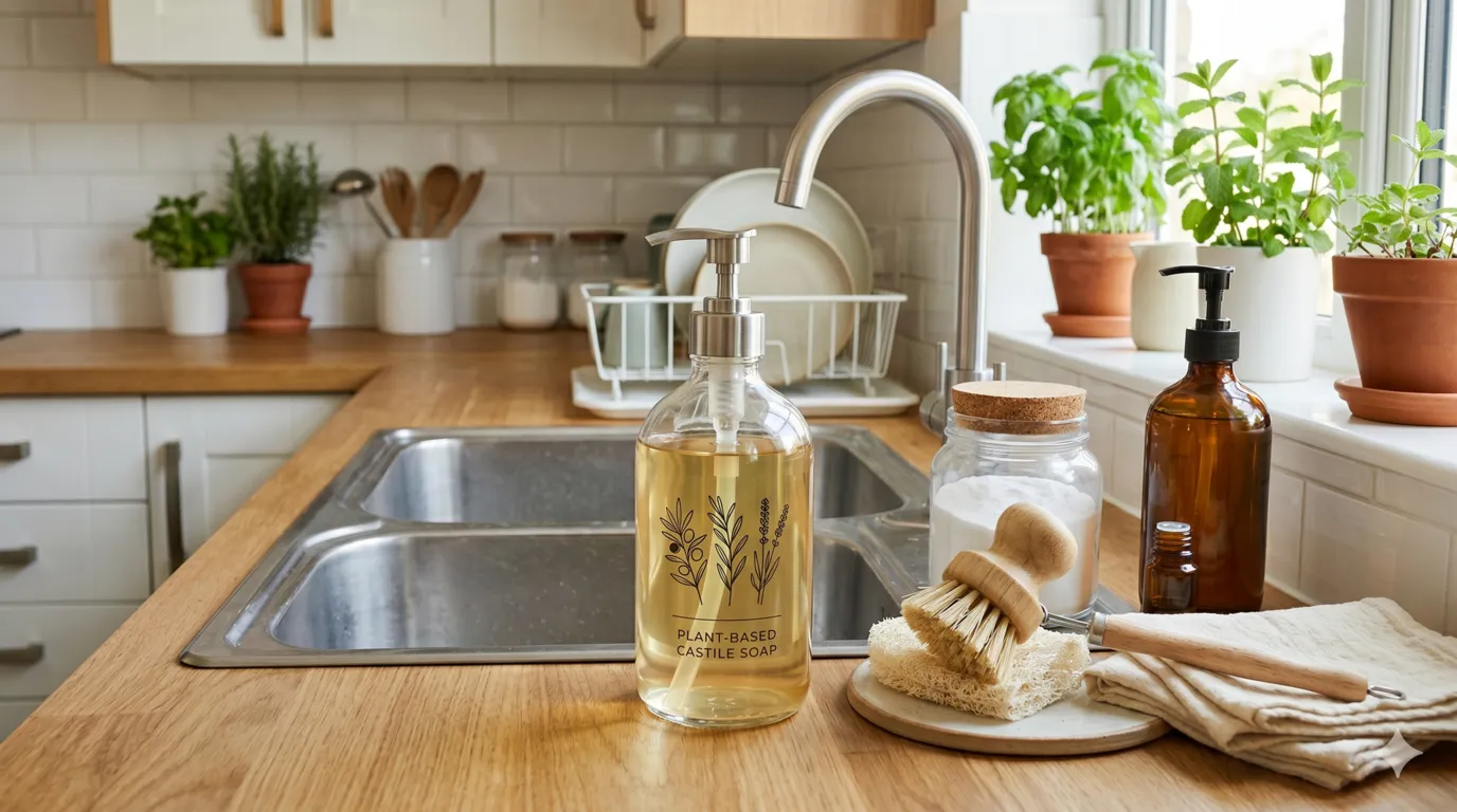 Plant-based castile soap in refillable dispenser for eco-friendly cleaning and sustainable household care
