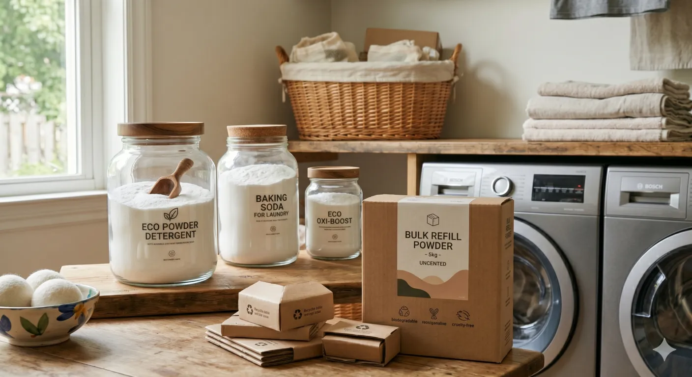 Powder laundry detergent stored in reusable glass containers as a zero waste laundry alternative