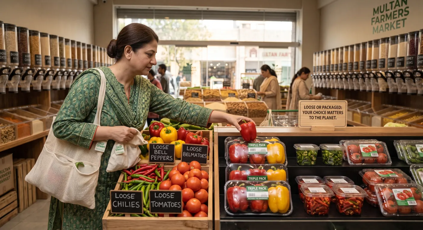 Shopper choosing groceries with less plastic packaging at the supermarket