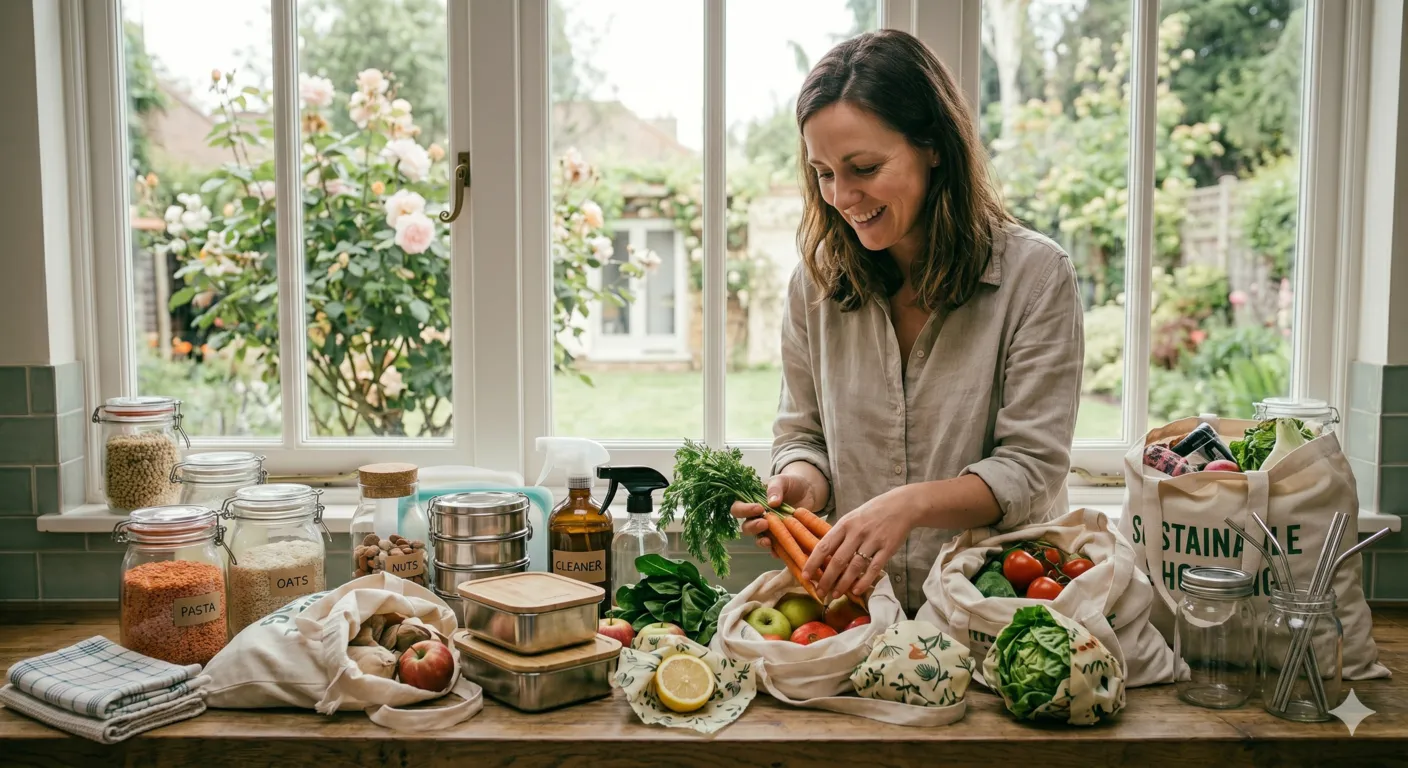 Reusable kitchen products including beeswax wraps, glass containers, and cloth napkins