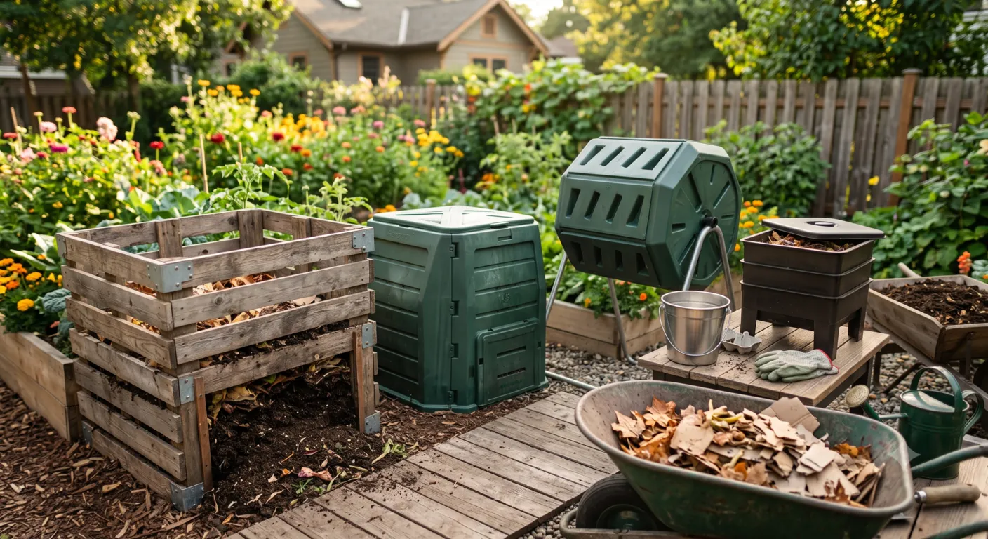 Various compost bin types including outdoor tumbler, stationary compost bin, worm composting bin, and countertop compost caddy