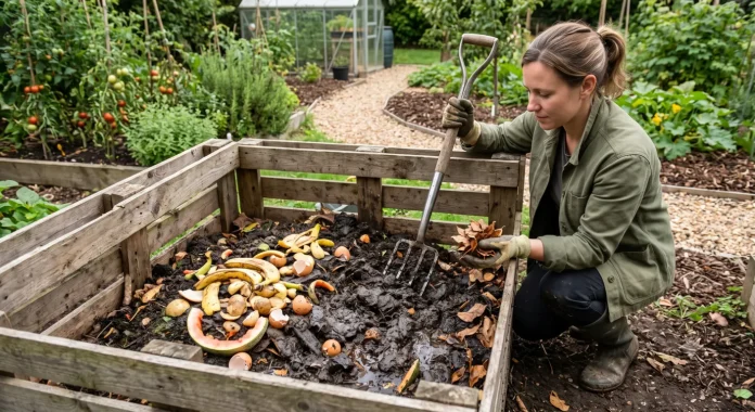 Common Composting Mistakes Beginners Make (And How to Fix Them) Beginner inspecting a backyard compost pile with common composting mistakes and solutions.