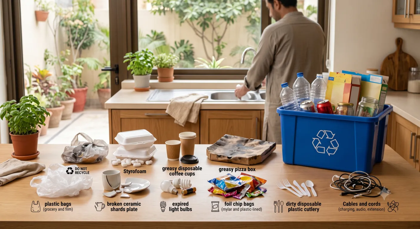 Non-recyclable household items including plastic bags, Styrofoam, disposable coffee cups, chip bags, broken ceramics, and light bulbs separated from recyclables.