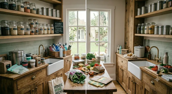 Common zero waste kitchen mistakes such as overbuying eco products and wasting food
