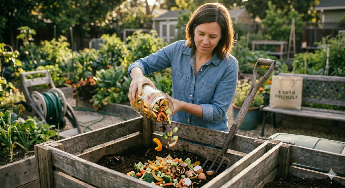 Person adding kitchen food scraps to a backyard compost bin