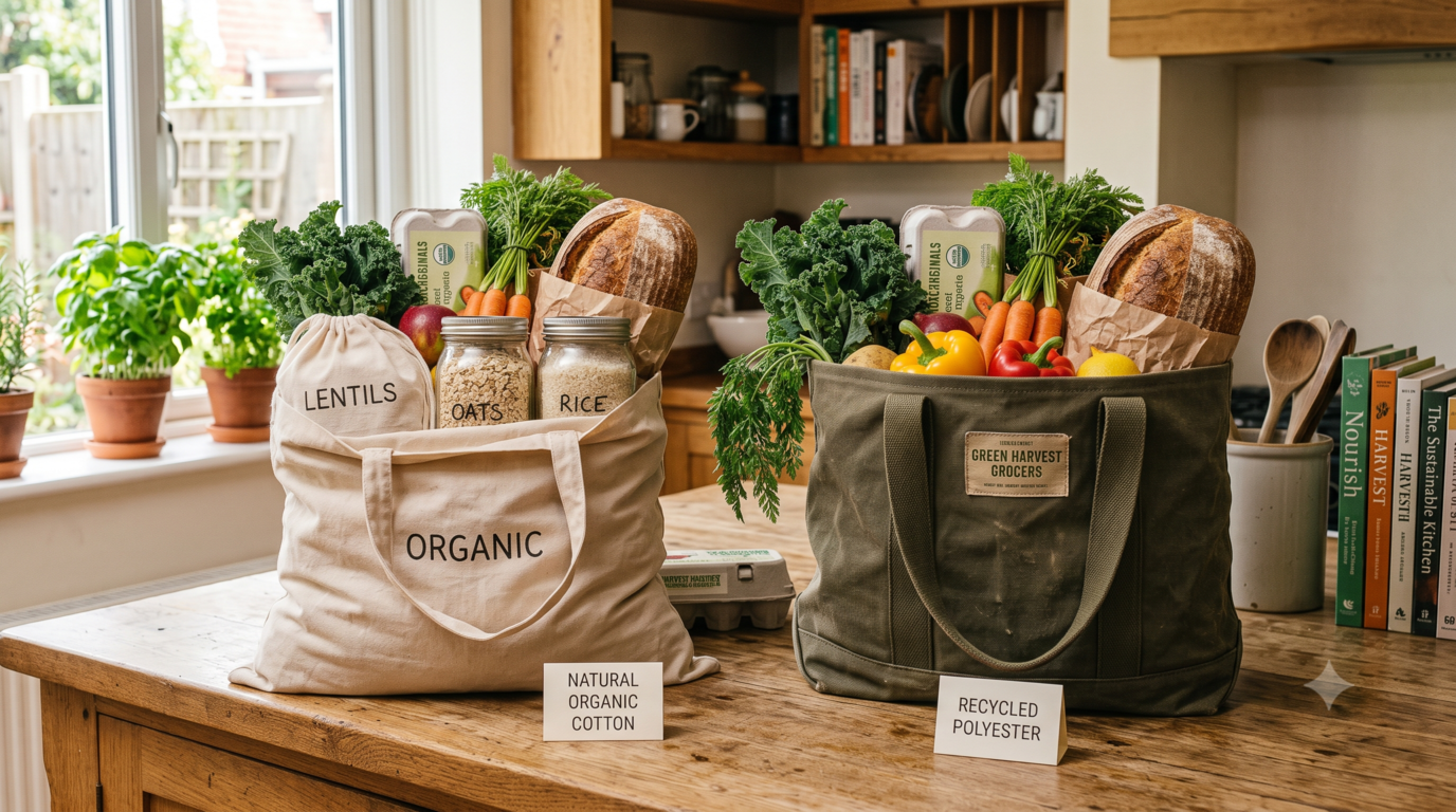 Cotton and recycled polyester reusable grocery bags compared side by side