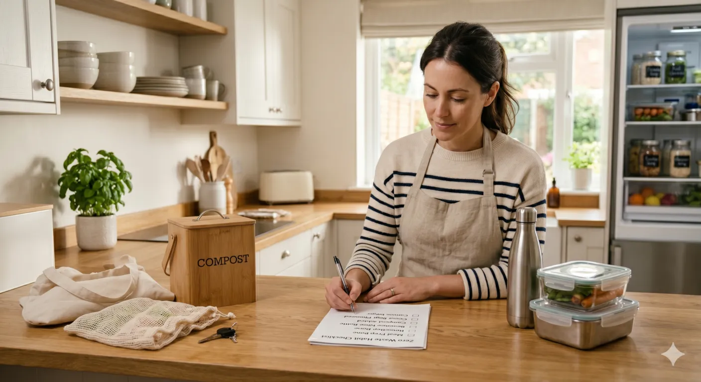 Person organizing zero waste habits using checklist, reusable items, and compost bin in a structured sustainable morning routine at home.