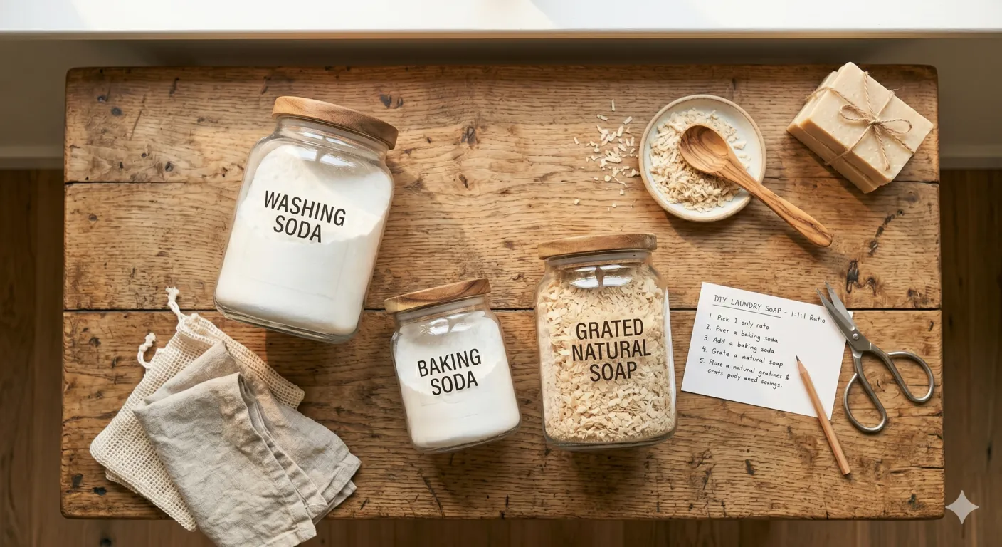 Homemade laundry detergent ingredients including washing soda, natural soap, and baking soda in glass jars