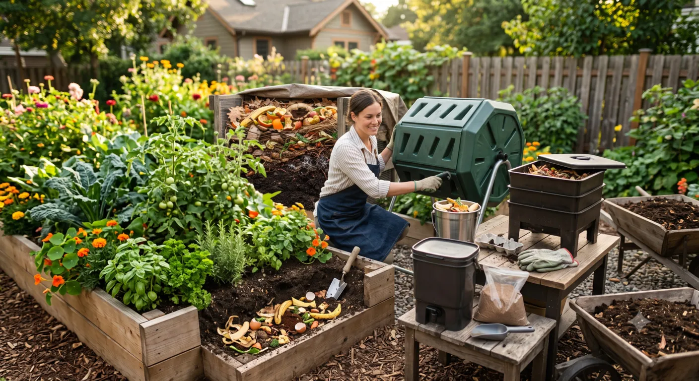 Different home composting methods including compost tumbler, worm bin, bokashi bucket, trench composting, and outdoor compost pile