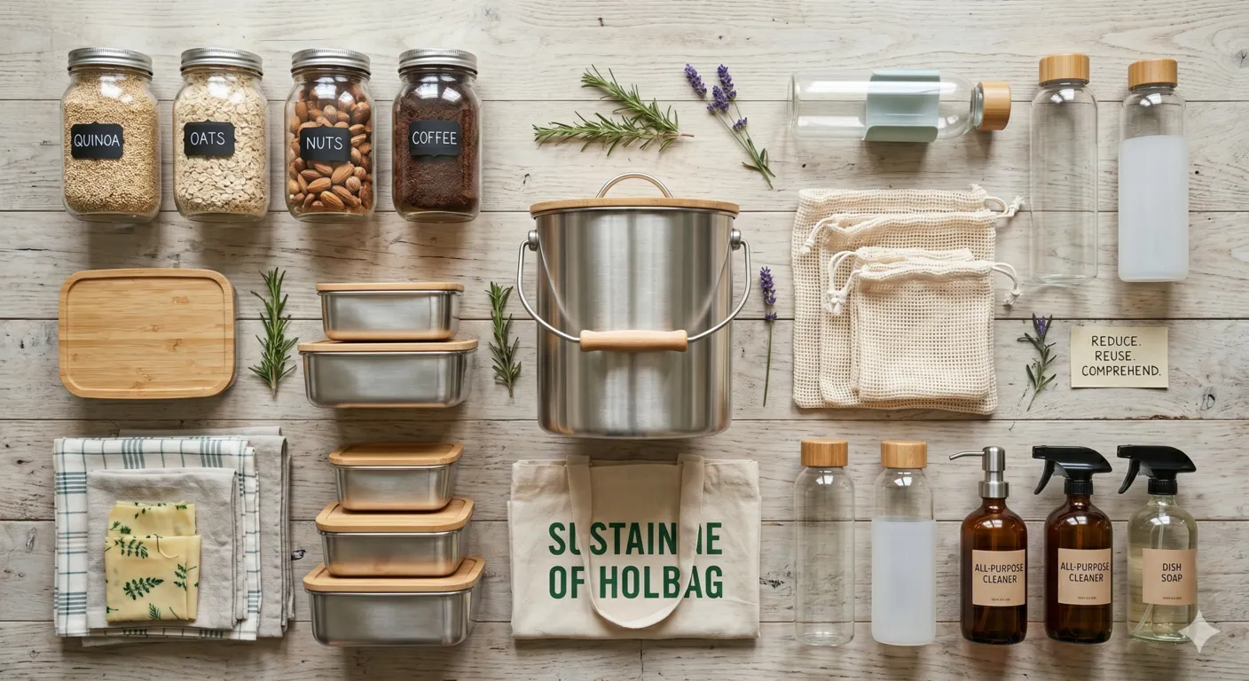 Essential zero waste kitchen products including reusable bags, glass jars, compost bin, and food containers