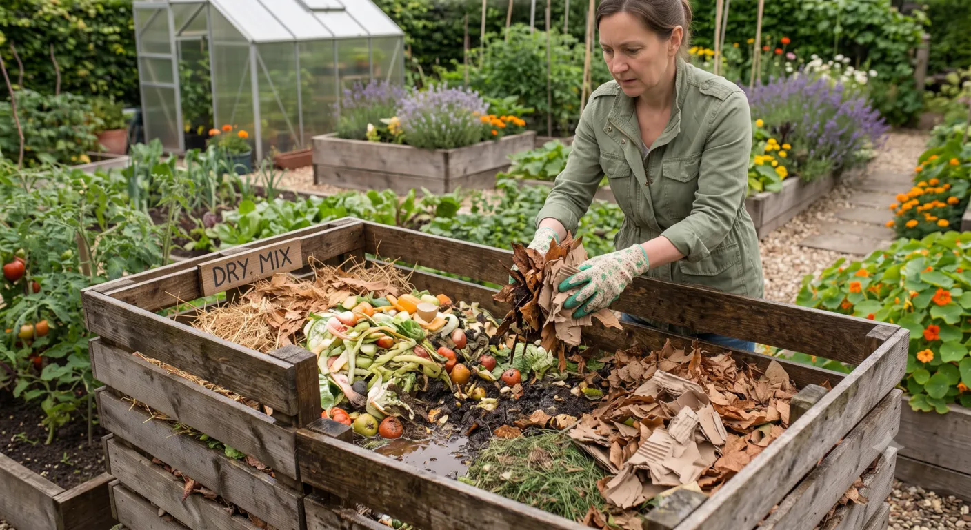 Fixing an overly wet compost pile by adding dry brown materials.
