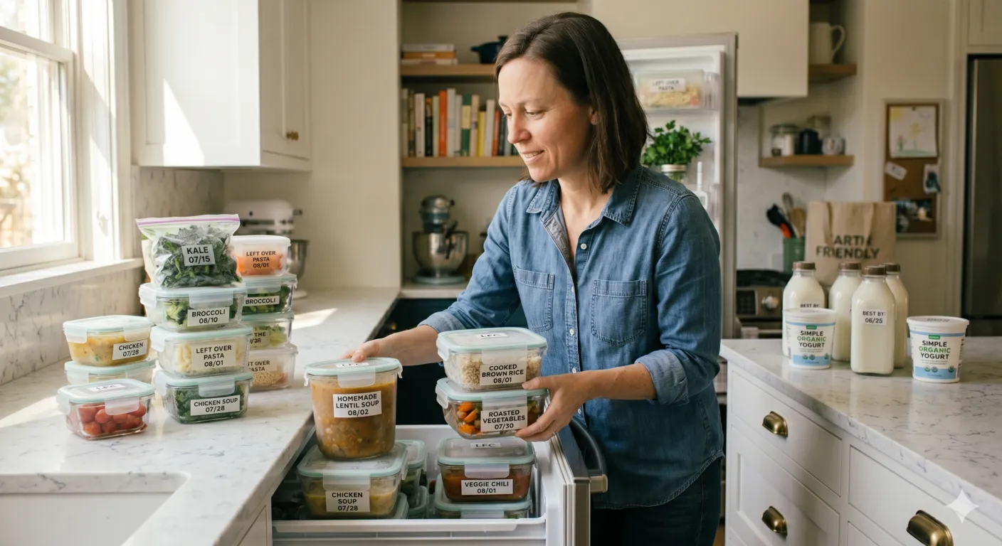 Labeled leftovers stored in freezer containers to reduce food waste