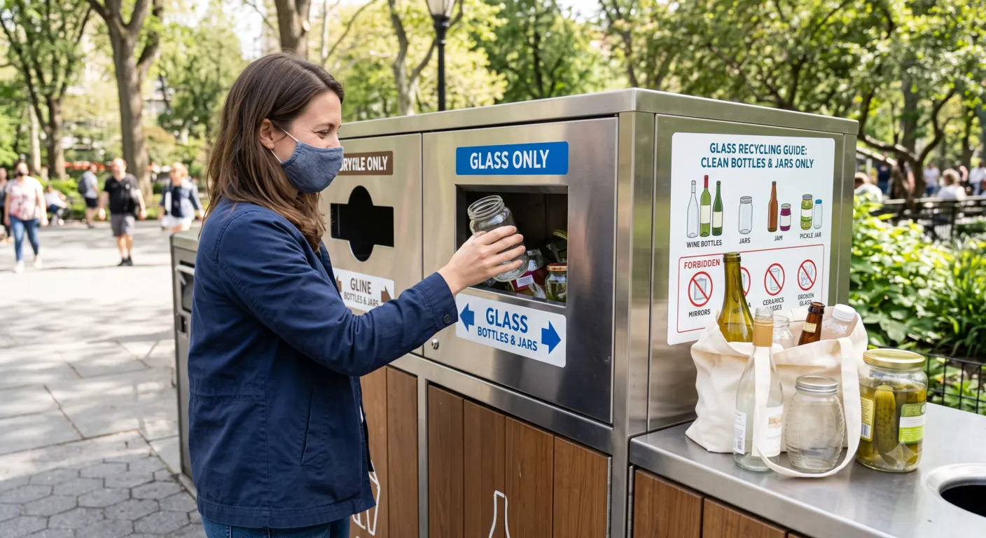 Glass bottles and food jars sorted into a dedicated recycling container for proper glass recycling and sustainable waste management.