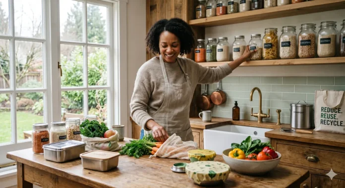 How to Build a Zero Waste Kitchen A Practical Beginner's Guide Beginner creating a zero waste kitchen with reusable containers, glass jars, and sustainable food storage solutions