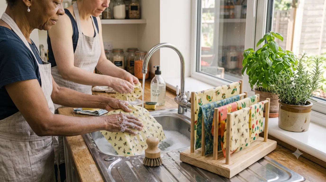 Cleaning reusable beeswax wraps with cool water for long-lasting use