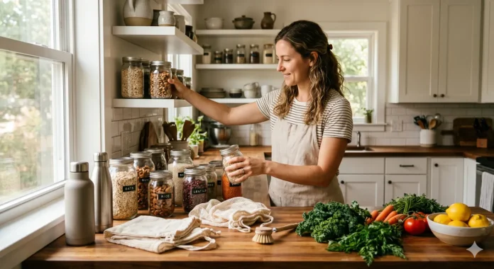 How to Create a Zero Waste Home Beginner organizing zero waste home kitchen with reusable glass jars and cloth bags