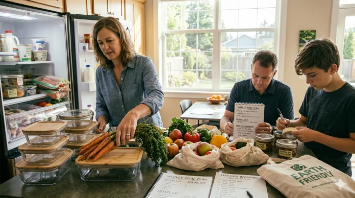 How to Reduce Food Waste at Home Simple Habits That Save Food and Money Family organizing groceries and meal planning to reduce food waste at home