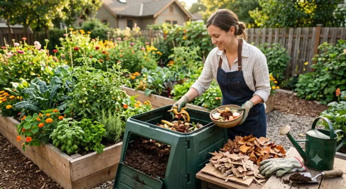 How to Start Composting at Home A Beginner's Guide Beginner composting at home using a backyard compost bin with kitchen food scraps, dry leaves, and finished organic compost